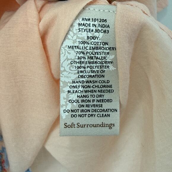 Soft Surroundings Embroidered Beaded Palm Island V-neck Tunic Top Size PXL Peach - Picture 7 of 9